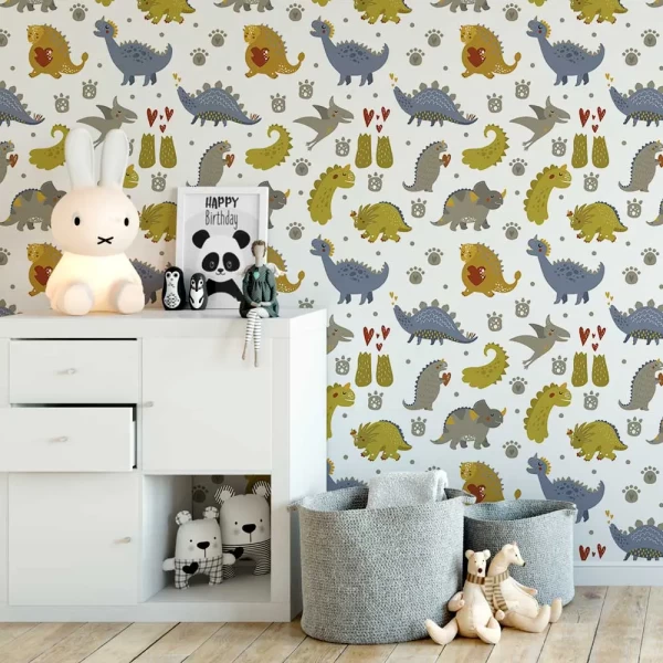 Green Dinosaur with Hearts Peel and Stick Wallpaper